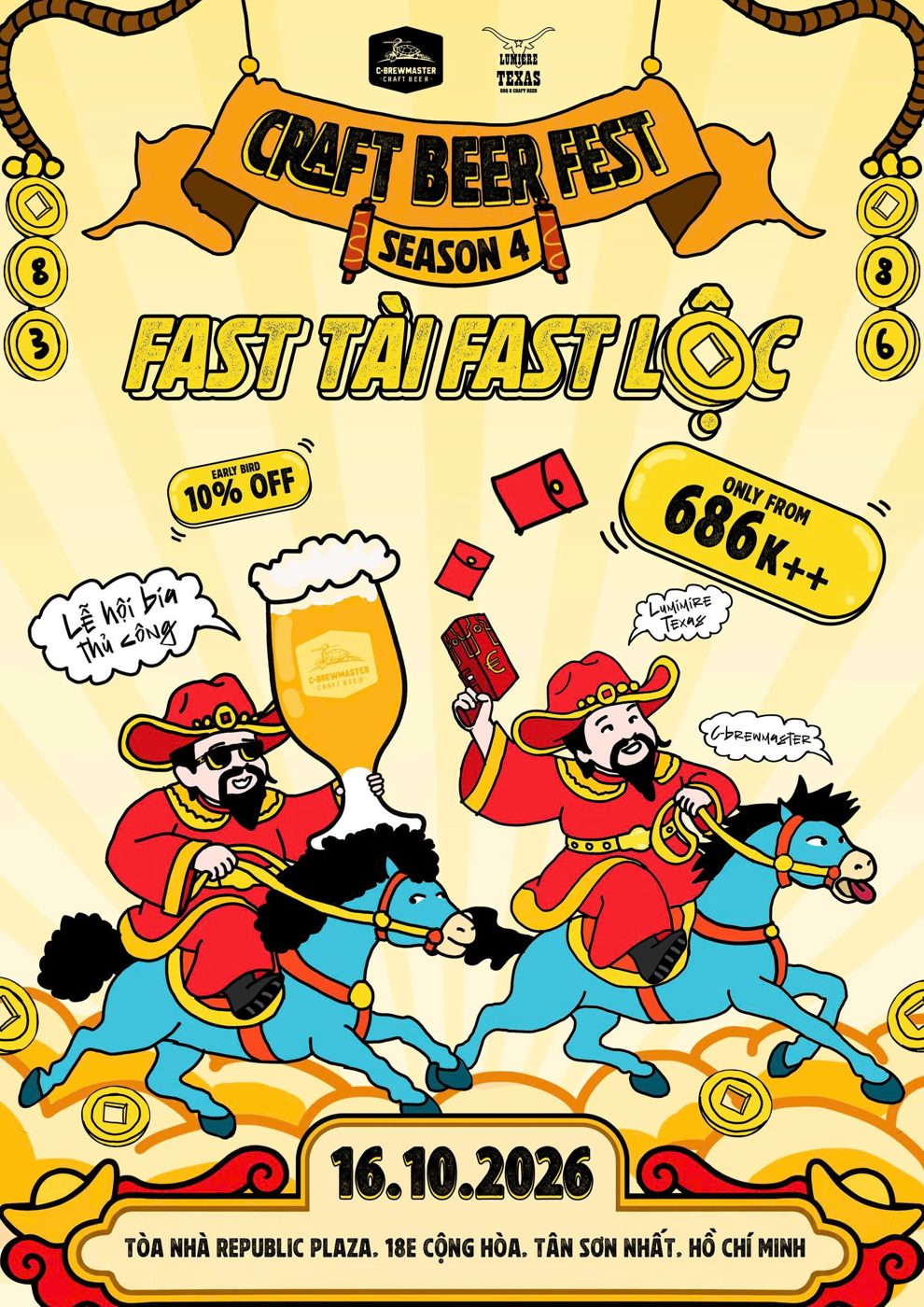 Key visual Craft Beer Fest Season 4: hai ông Thần Tài cưỡi ngựa, một người nâng ly bia, một người cầm bao lì xì